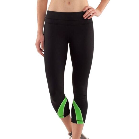 Lululemon Run Inspire Crop Leggings Black/Frond Green Size 6 - Picture 1 of 12
